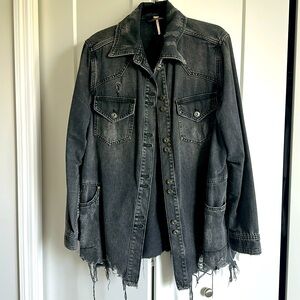 Free People, Distressed Black Jean Jacket, Size Medium